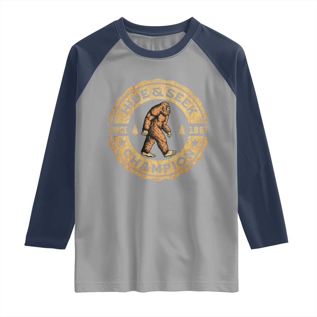 Retro Bigfoot Believer Raglan Shirt Undefeated Sasquatch Hide And Seek Cryptozoology TS10 Sport Gray Navy Print Your Wear