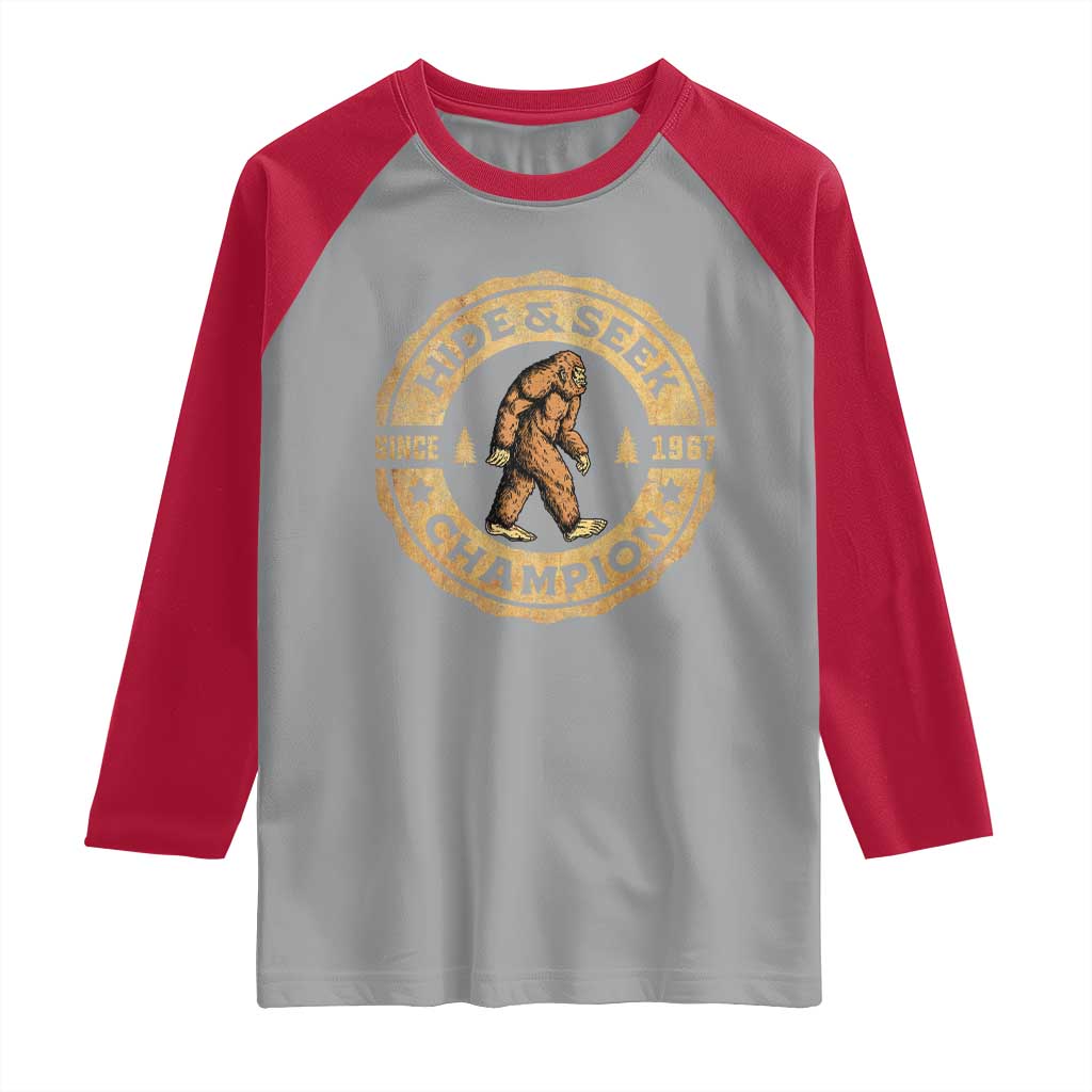 Retro Bigfoot Believer Raglan Shirt Undefeated Sasquatch Hide And Seek Cryptozoology TS10 Sport Gray Red Print Your Wear