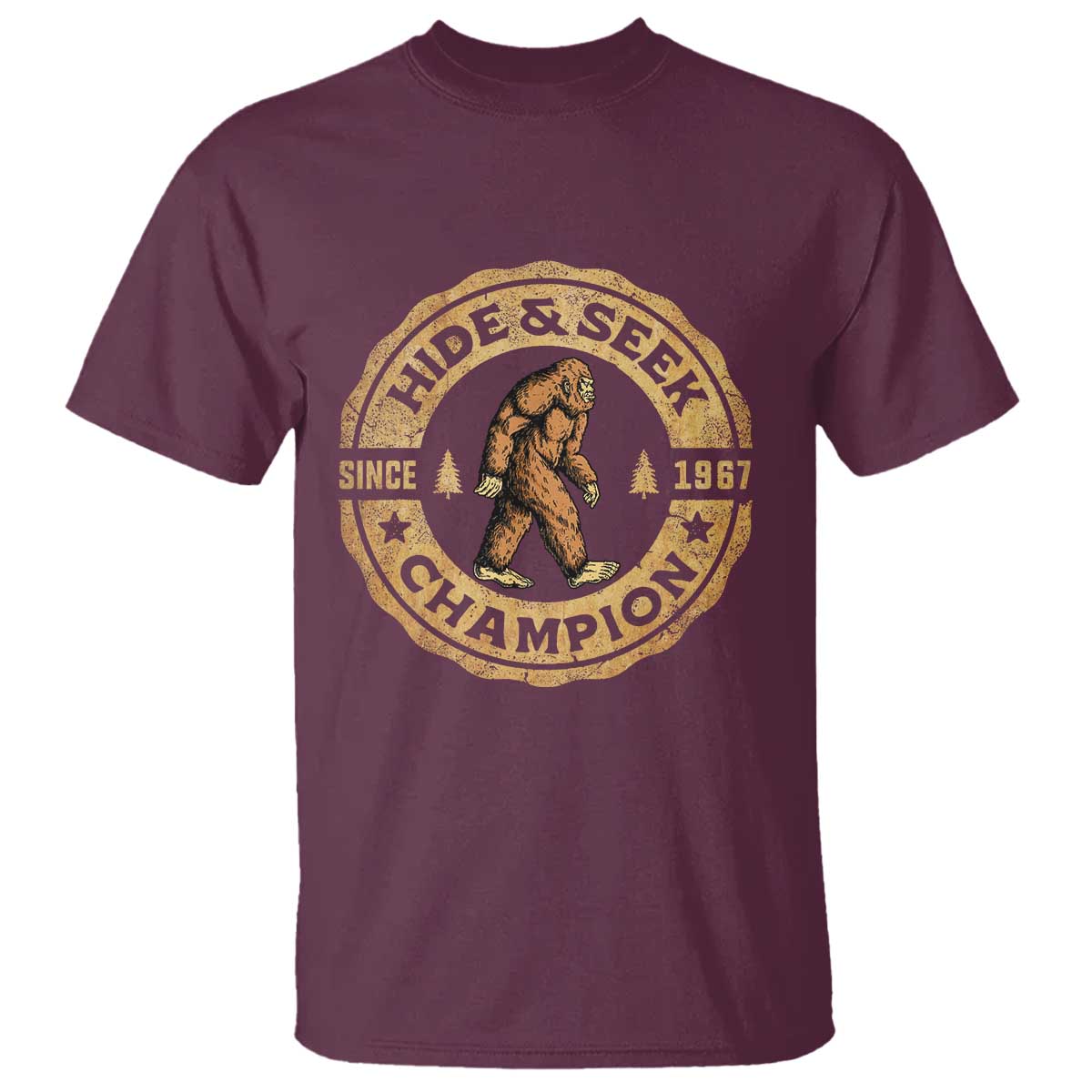 Retro Bigfoot Believer T Shirt Undefeated Sasquatch Hide And Seek Cryptozoology TS10 Maroon Print Your Wear