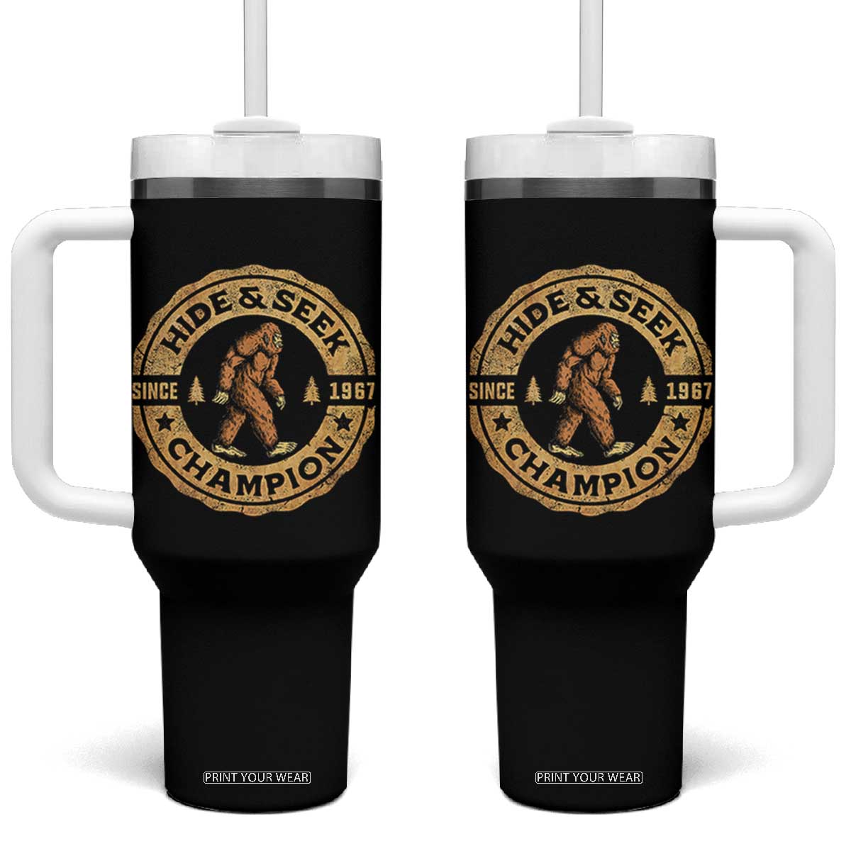 Retro Bigfoot Believer Tumbler With Handle Undefeated Sasquatch Hide And Seek Cryptozoology TS10 One Size: 40 oz Black Print Your Wear