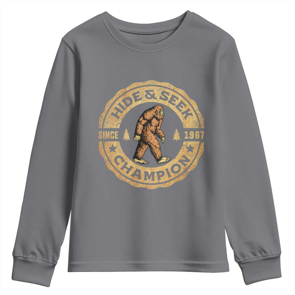 Retro Bigfoot Believer Youth Sweatshirt Undefeated Sasquatch Hide And Seek Cryptozoology TS10 Charcoal Print Your Wear