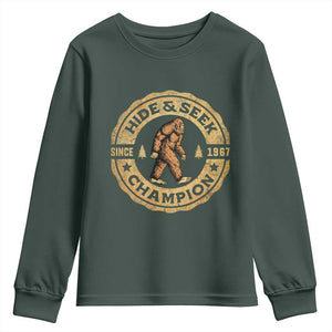 Retro Bigfoot Believer Youth Sweatshirt Undefeated Sasquatch Hide And Seek Cryptozoology TS10 Dark Forest Green Print Your Wear