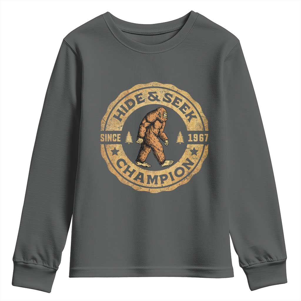 Retro Bigfoot Believer Youth Sweatshirt Undefeated Sasquatch Hide And Seek Cryptozoology TS10 Dark Heather Print Your Wear