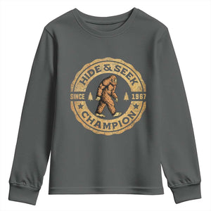Retro Bigfoot Believer Youth Sweatshirt Undefeated Sasquatch Hide And Seek Cryptozoology TS10 Dark Heather Print Your Wear