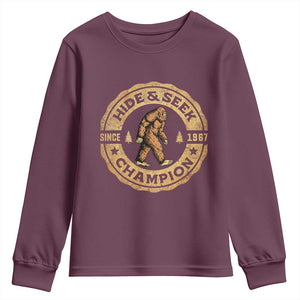 Retro Bigfoot Believer Youth Sweatshirt Undefeated Sasquatch Hide And Seek Cryptozoology TS10 Maroon Print Your Wear