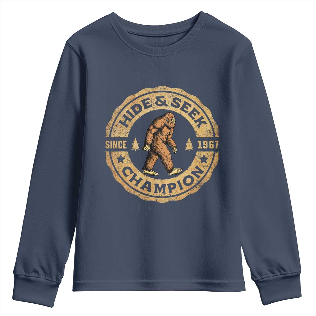 Retro Bigfoot Believer Youth Sweatshirt Undefeated Sasquatch Hide And Seek Cryptozoology TS10 Navy Print Your Wear