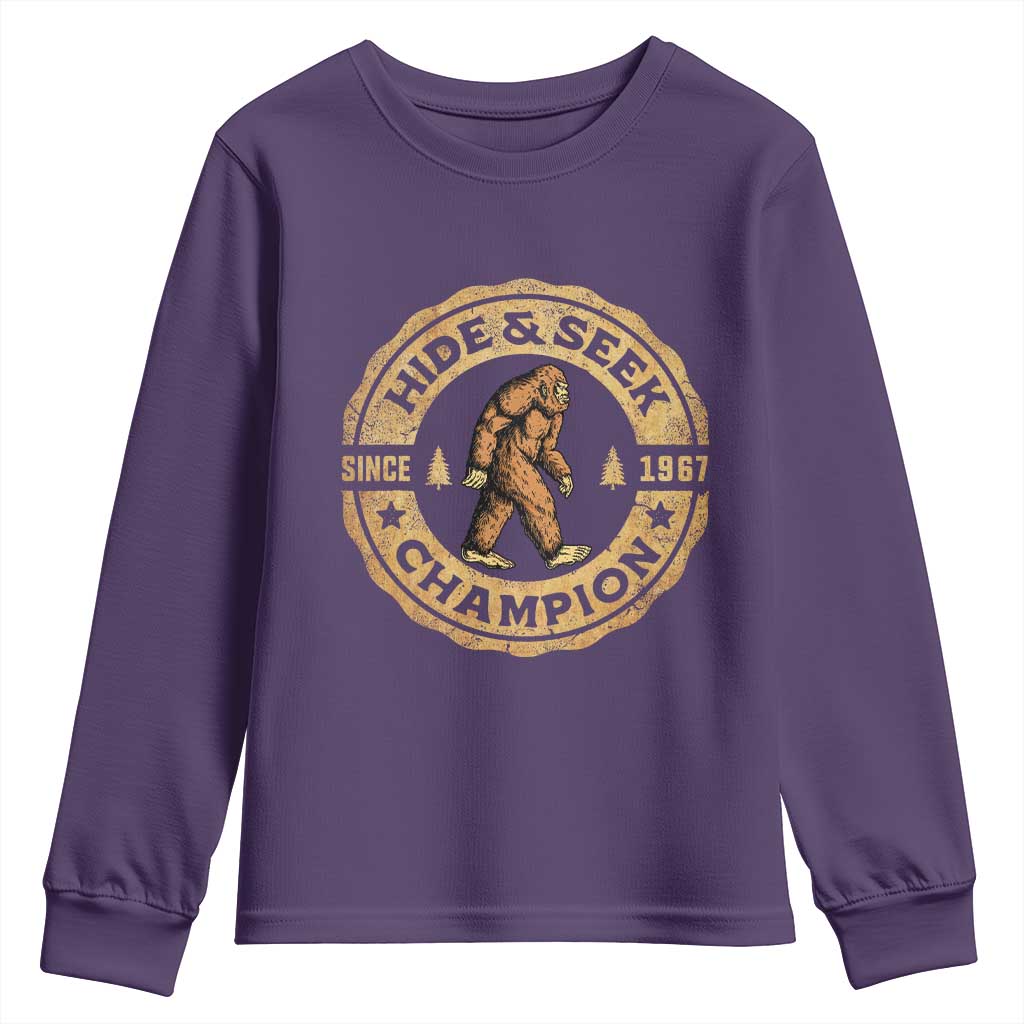 Retro Bigfoot Believer Youth Sweatshirt Undefeated Sasquatch Hide And Seek Cryptozoology TS10 Purple Print Your Wear