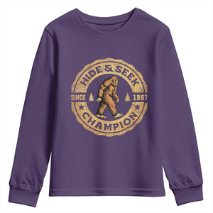 Retro Bigfoot Believer Youth Sweatshirt Undefeated Sasquatch Hide And Seek Cryptozoology TS10 Purple Print Your Wear