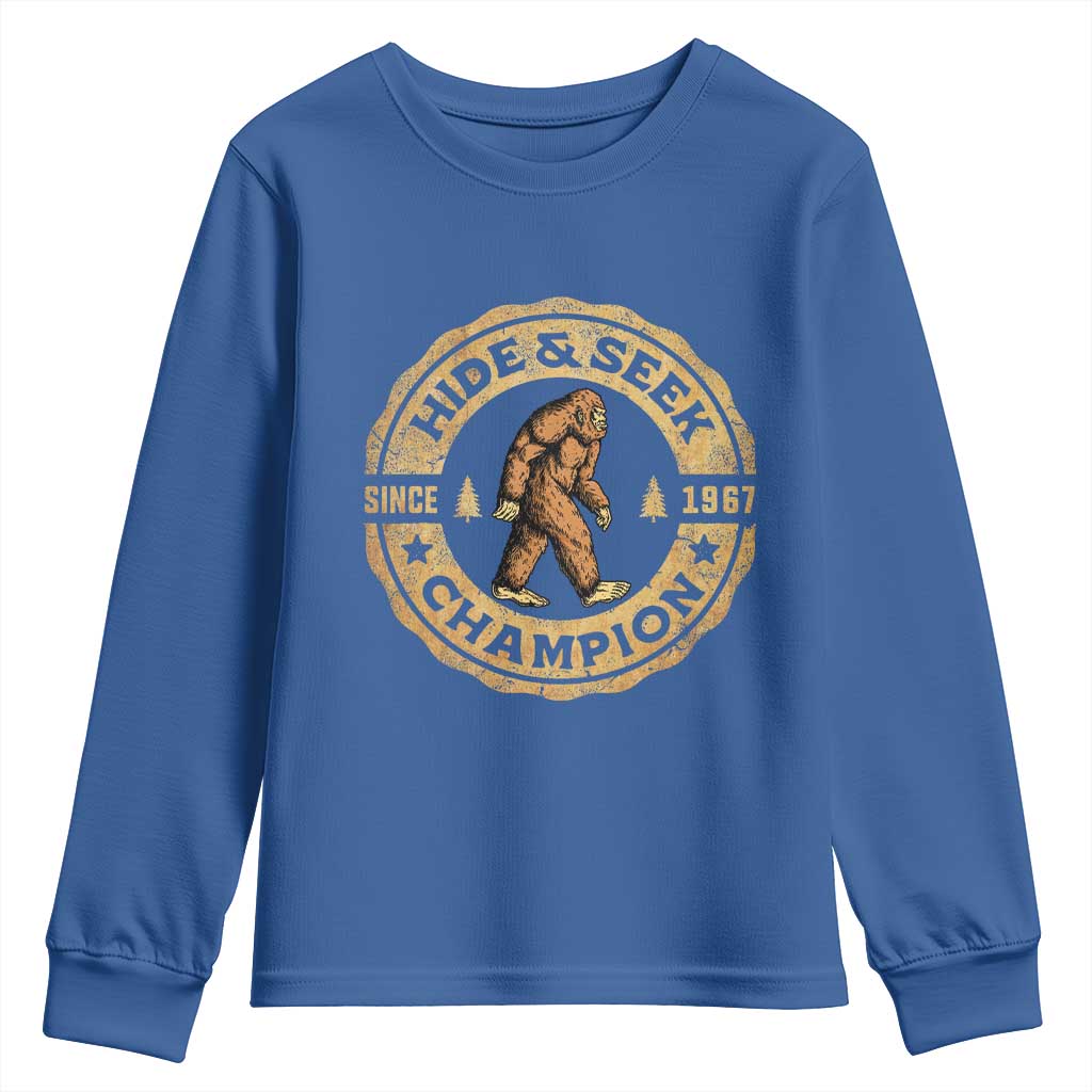 Retro Bigfoot Believer Youth Sweatshirt Undefeated Sasquatch Hide And Seek Cryptozoology TS10 Royal Blue Print Your Wear