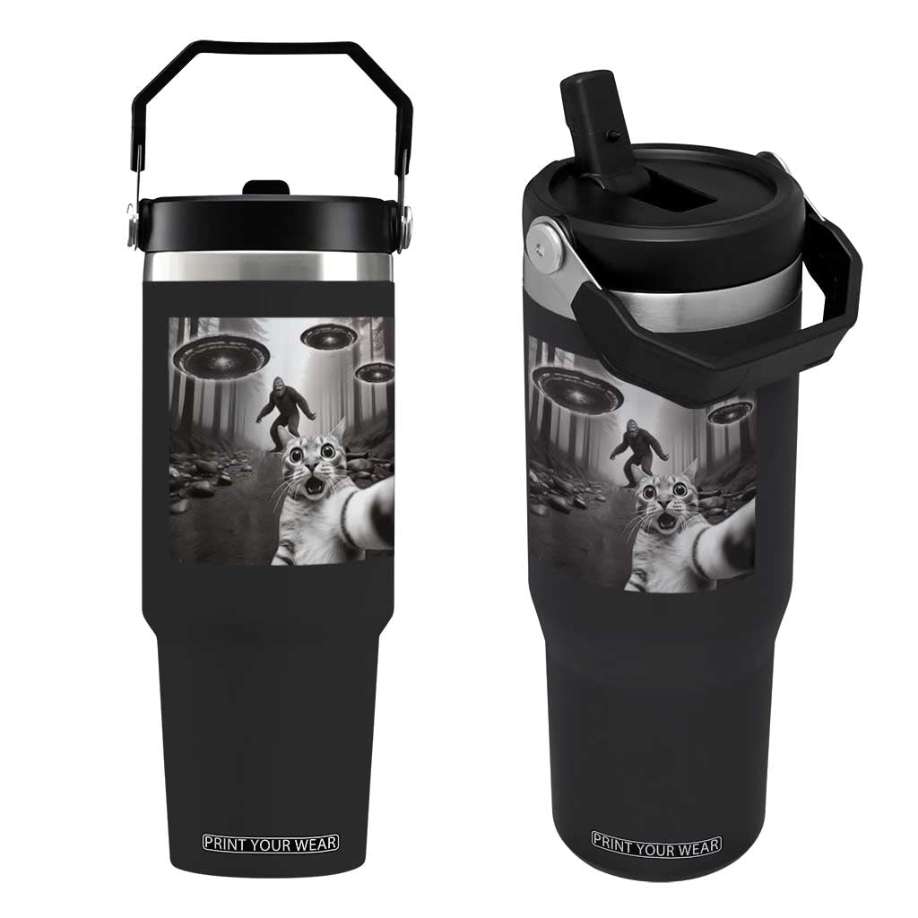 Cat Selfie With Bigfoot UFO Flip Straw Tumbler Funny Cat Lover Gifts TS10 One Size: 30 oz Black Print Your Wear