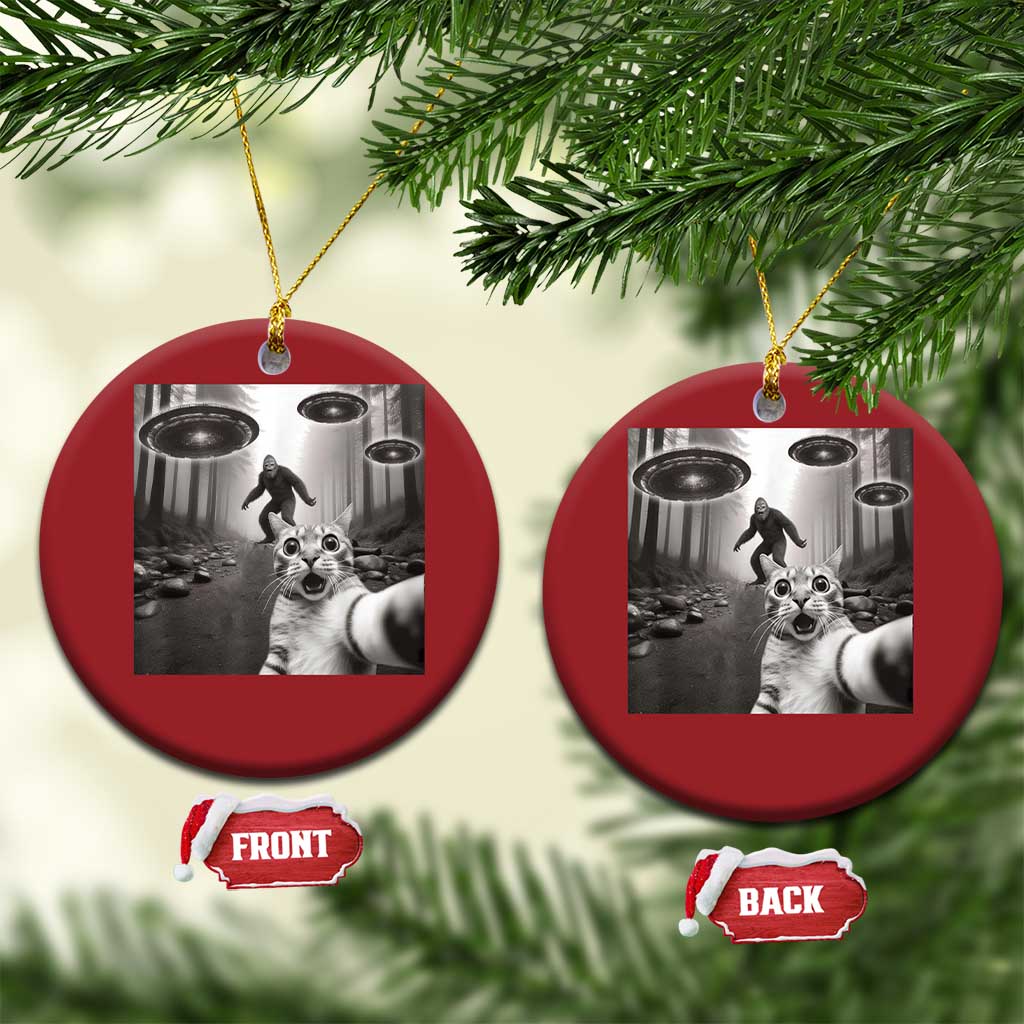 Cat Selfie With Bigfoot UFO Christmas Ornament Funny Cat Lover Gifts TS10 Circle Red Print Your Wear