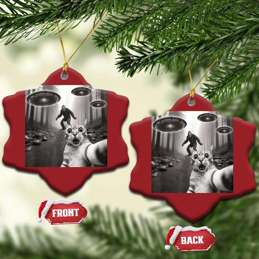 Cat Selfie With Bigfoot UFO Christmas Ornament Funny Cat Lover Gifts TS10 Snow Flake Red Print Your Wear