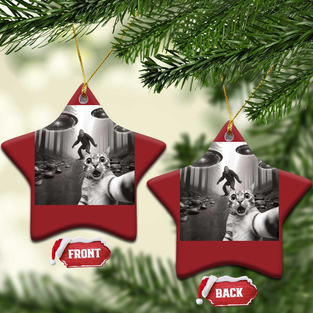 Cat Selfie With Bigfoot UFO Christmas Ornament Funny Cat Lover Gifts TS10 Star Red Print Your Wear