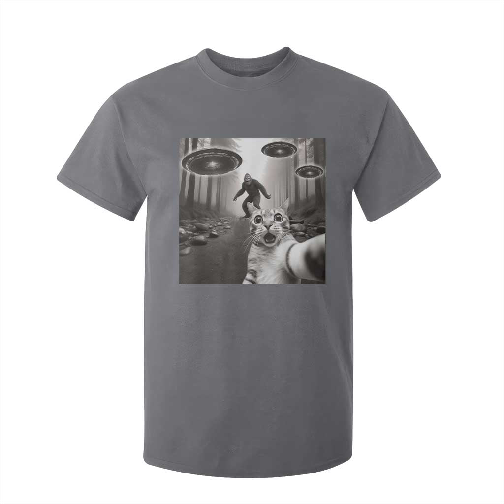 Cat Selfie With Bigfoot UFO T Shirt For Kid Funny Cat Lover Gifts TS10 Charcoal Print Your Wear