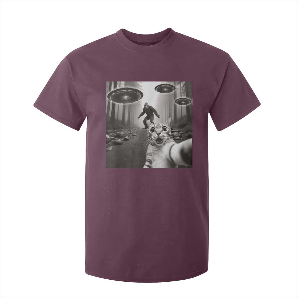 Cat Selfie With Bigfoot UFO T Shirt For Kid Funny Cat Lover Gifts TS10 Maroon Print Your Wear