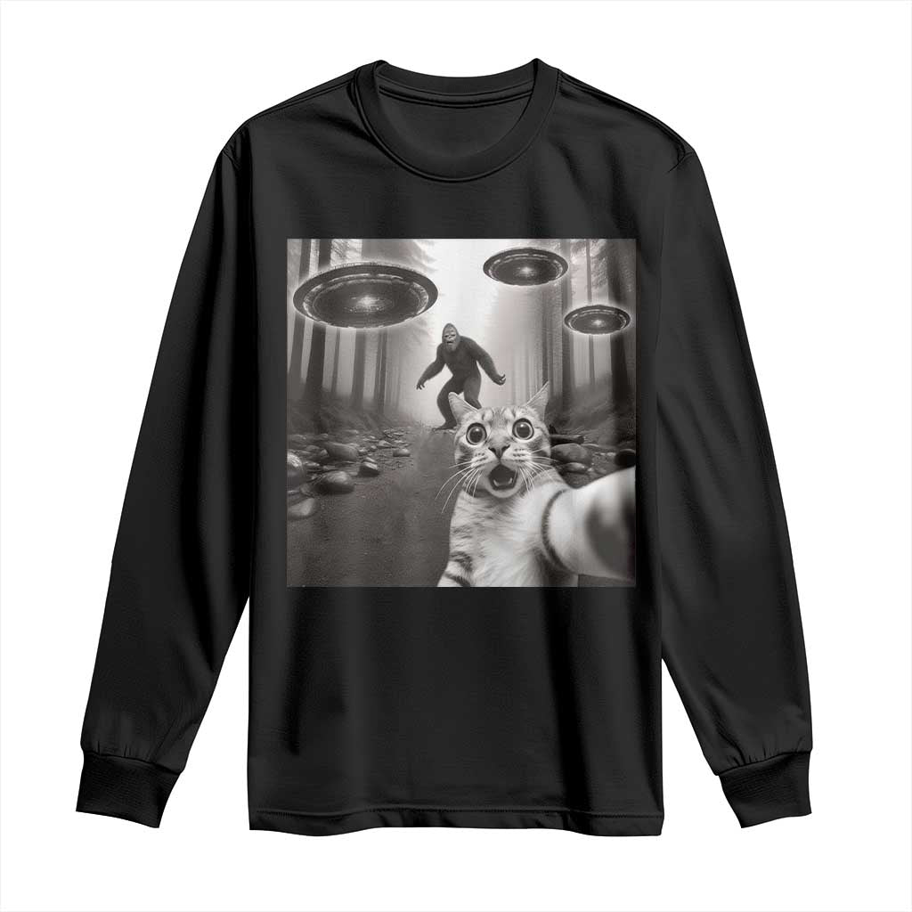 Cat Selfie With Bigfoot UFO Long Sleeve Shirt Funny Cat Lover Gifts TS10 Black Print Your Wear