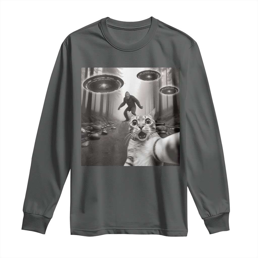 Cat Selfie With Bigfoot UFO Long Sleeve Shirt Funny Cat Lover Gifts TS10 Dark Heather Print Your Wear