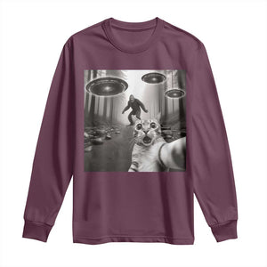 Cat Selfie With Bigfoot UFO Long Sleeve Shirt Funny Cat Lover Gifts TS10 Maroon Print Your Wear