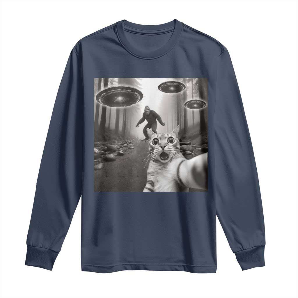 Cat Selfie With Bigfoot UFO Long Sleeve Shirt Funny Cat Lover Gifts TS10 Navy Print Your Wear