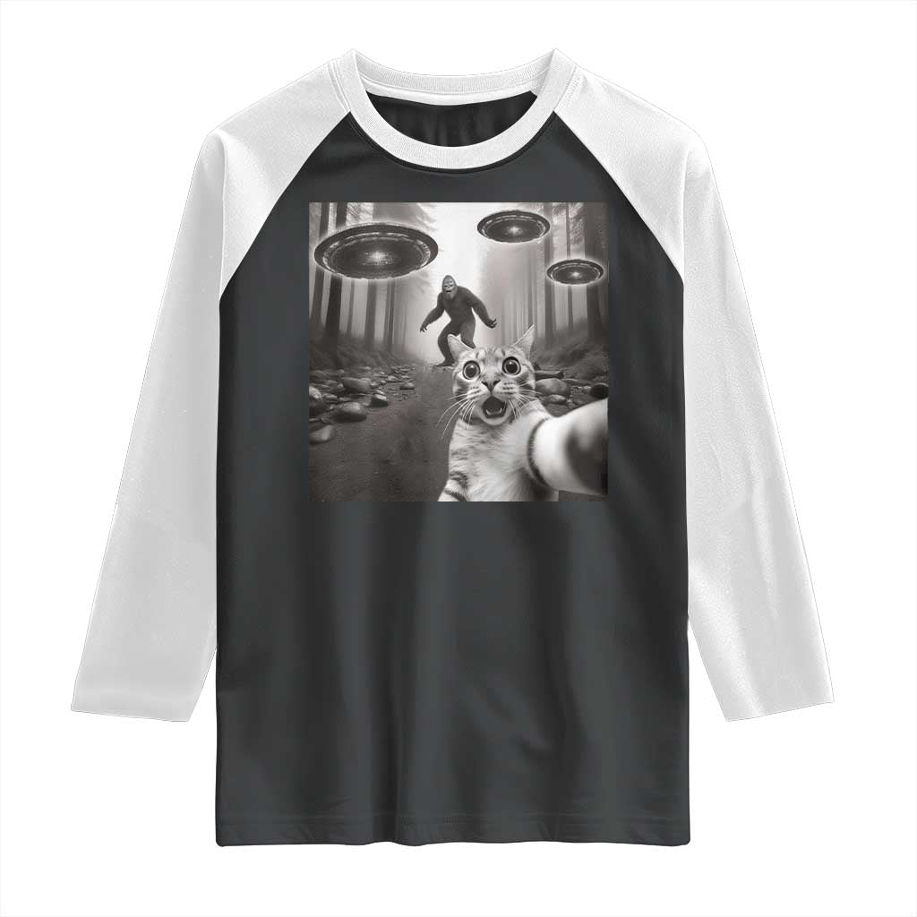 Cat Selfie With Bigfoot UFO Raglan Shirt Funny Cat Lover Gifts TS10 Black White Print Your Wear