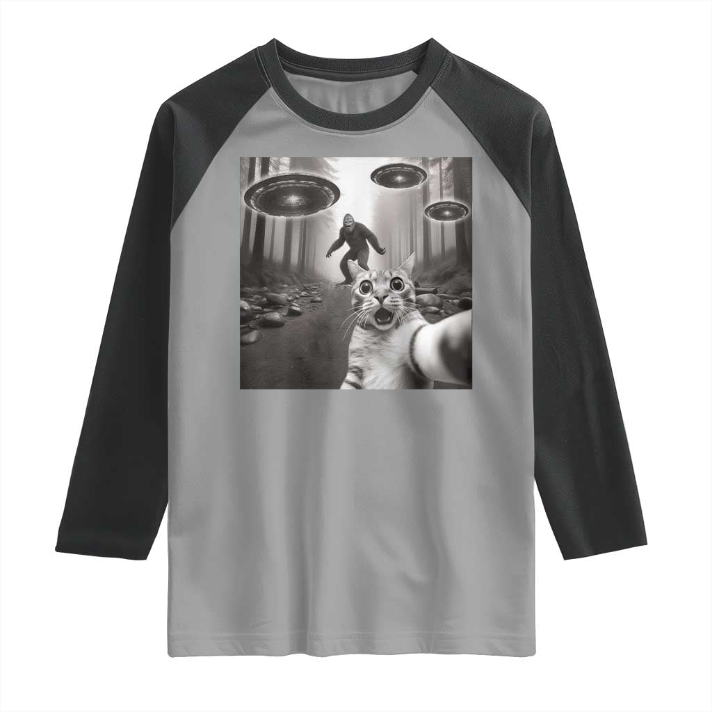 Cat Selfie With Bigfoot UFO Raglan Shirt Funny Cat Lover Gifts TS10 Sport Gray Black Print Your Wear