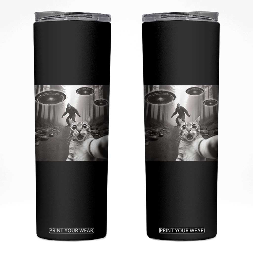 Cat Selfie With Bigfoot UFO Skinny Tumbler Funny Cat Lover Gifts TS10 Black Print Your Wear