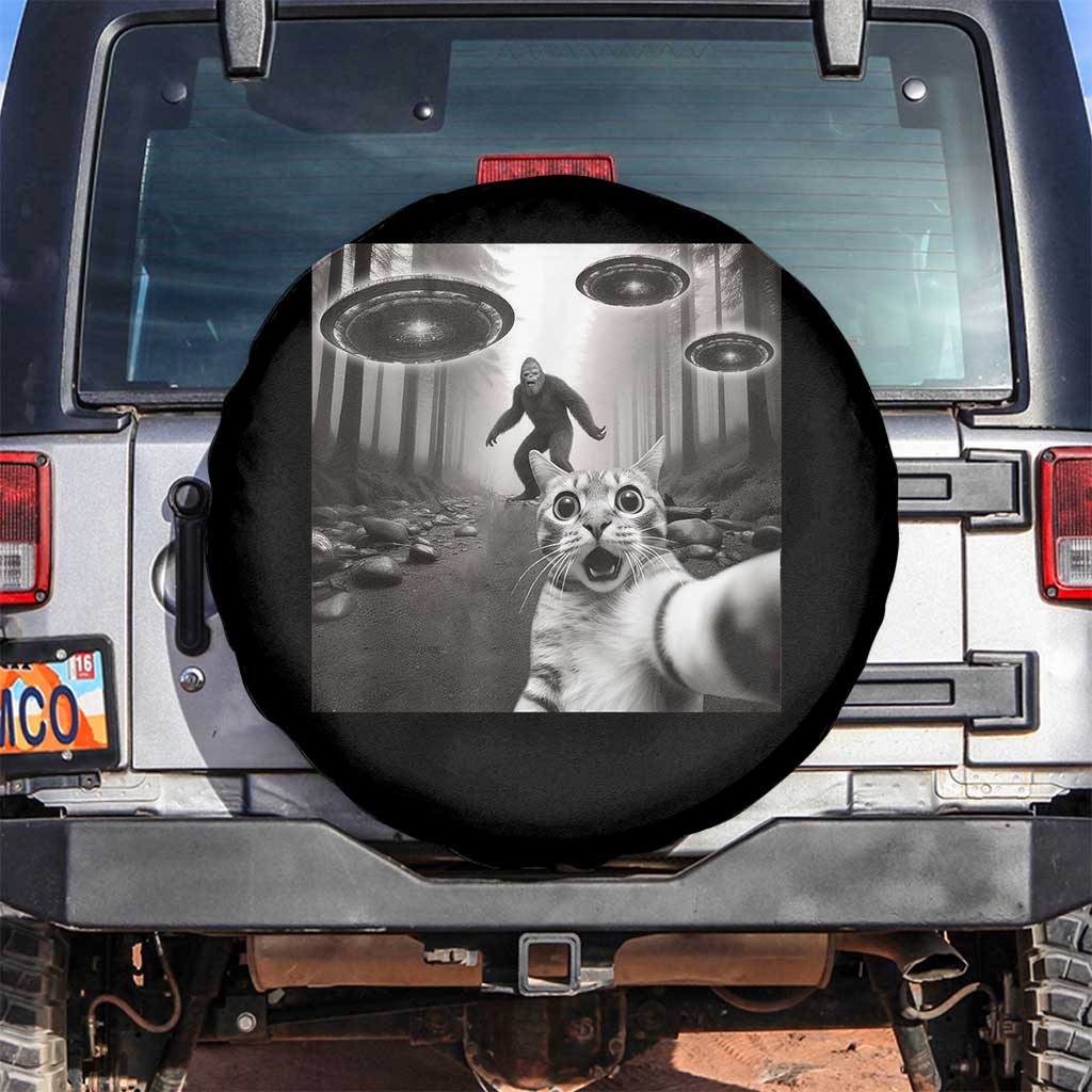 Cat Selfie With Bigfoot UFO Spare Tire Cover Funny Cat Lover Gifts TS10 No hole Black Print Your Wear