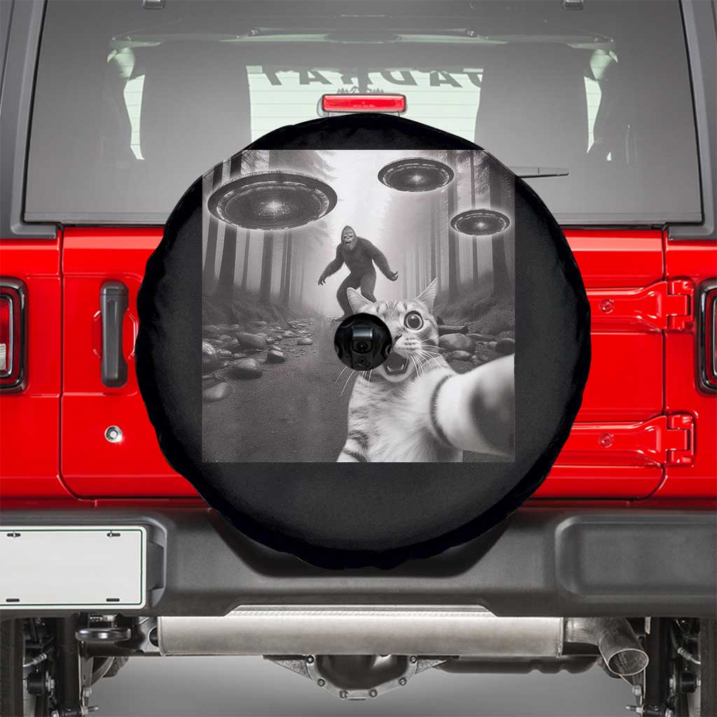 Cat Selfie With Bigfoot UFO Spare Tire Cover Funny Cat Lover Gifts TS10 Black Print Your Wear