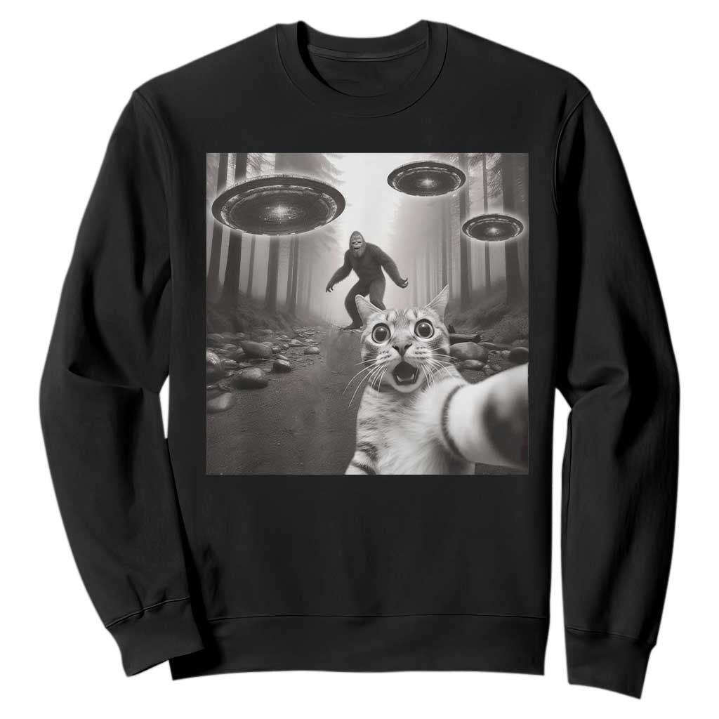 Cat Selfie With Bigfoot UFO Sweatshirt Funny Cat Lover Gifts TS10 Black Print Your Wear