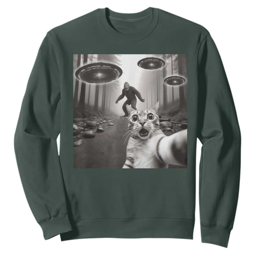 Cat Selfie With Bigfoot UFO Sweatshirt Funny Cat Lover Gifts TS10 Dark Forest Green Print Your Wear