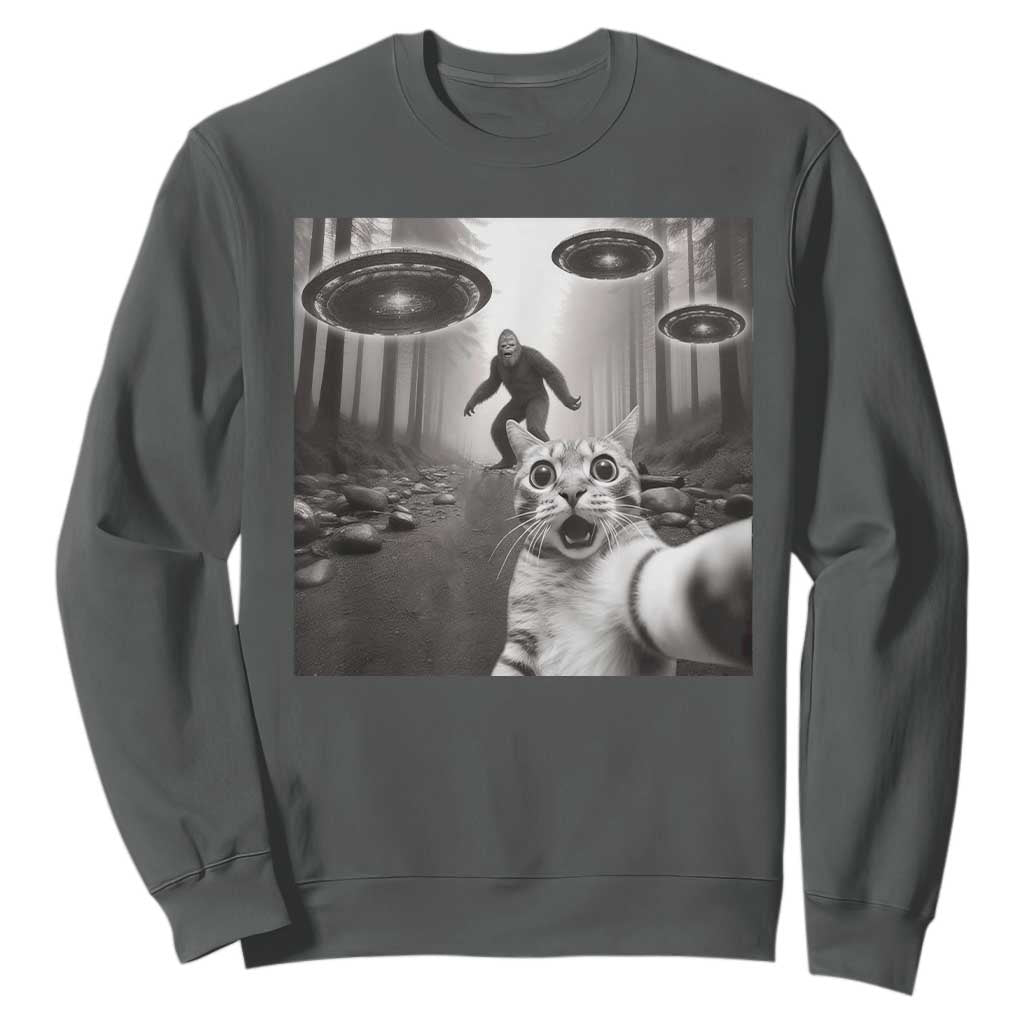 Cat Selfie With Bigfoot UFO Sweatshirt Funny Cat Lover Gifts TS10 Dark Heather Print Your Wear