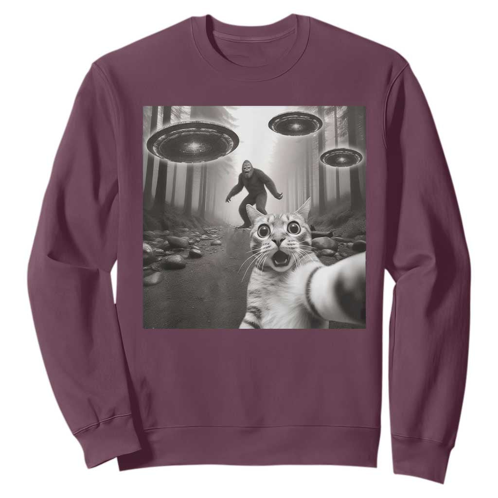 Cat Selfie With Bigfoot UFO Sweatshirt Funny Cat Lover Gifts TS10 Maroon Print Your Wear