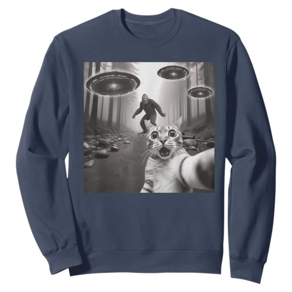 Cat Selfie With Bigfoot UFO Sweatshirt Funny Cat Lover Gifts TS10 Navy Print Your Wear