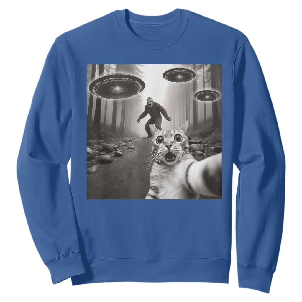 Cat Selfie With Bigfoot UFO Sweatshirt Funny Cat Lover Gifts TS10 Royal Blue Print Your Wear