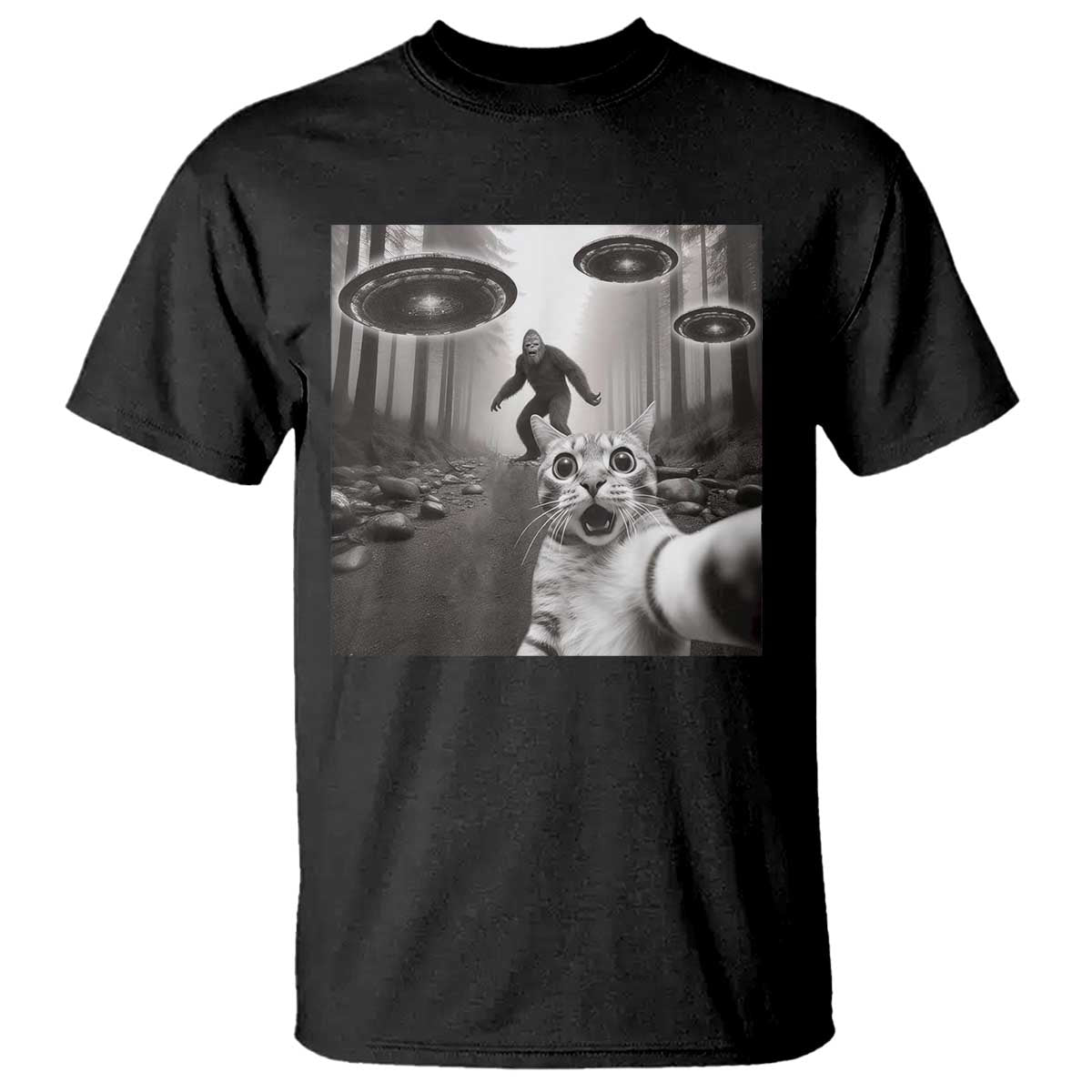 Cat Selfie With Bigfoot UFO T Shirt Funny Cat Lover Gifts TS10 Black Print Your Wear