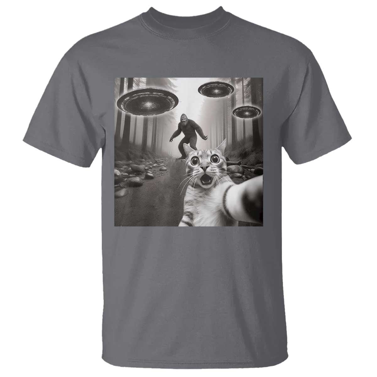 Cat Selfie With Bigfoot UFO T Shirt Funny Cat Lover Gifts TS10 Charcoal Print Your Wear
