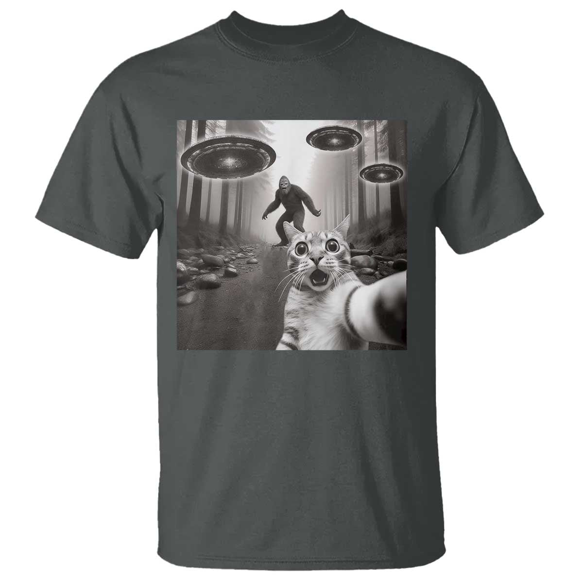 Cat Selfie With Bigfoot UFO T Shirt Funny Cat Lover Gifts TS10 Dark Heather Print Your Wear