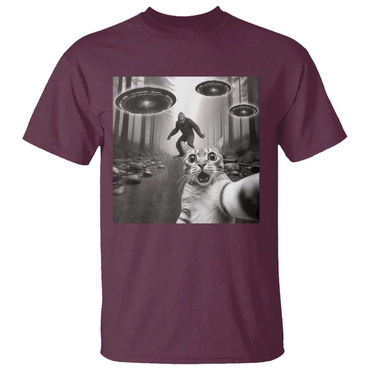 Cat Selfie With Bigfoot UFO T Shirt Funny Cat Lover Gifts TS10 Maroon Print Your Wear