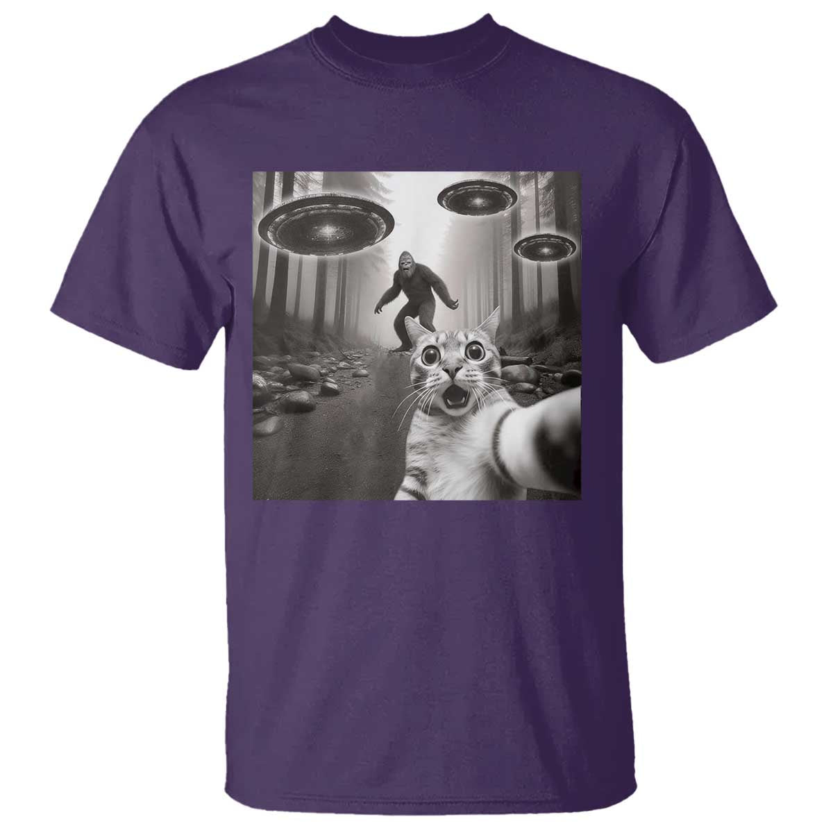 Cat Selfie With Bigfoot UFO T Shirt Funny Cat Lover Gifts TS10 Purple Print Your Wear