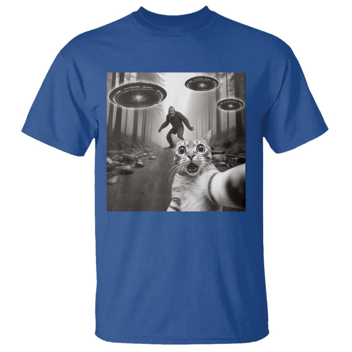 Cat Selfie With Bigfoot UFO T Shirt Funny Cat Lover Gifts TS10 Royal Blue Print Your Wear