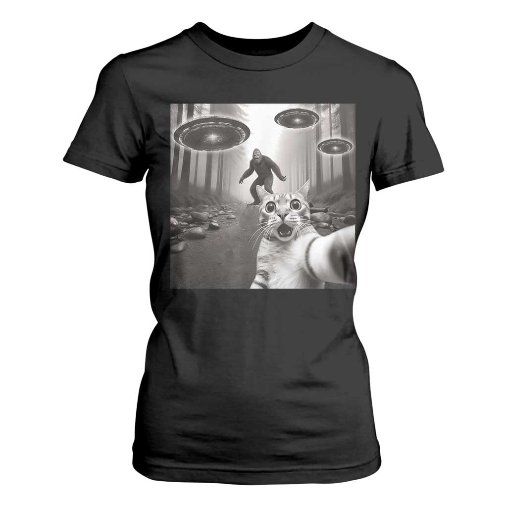 Cat Selfie With Bigfoot UFO T Shirt For Women Funny Cat Lover Gifts TS10 Black Print Your Wear