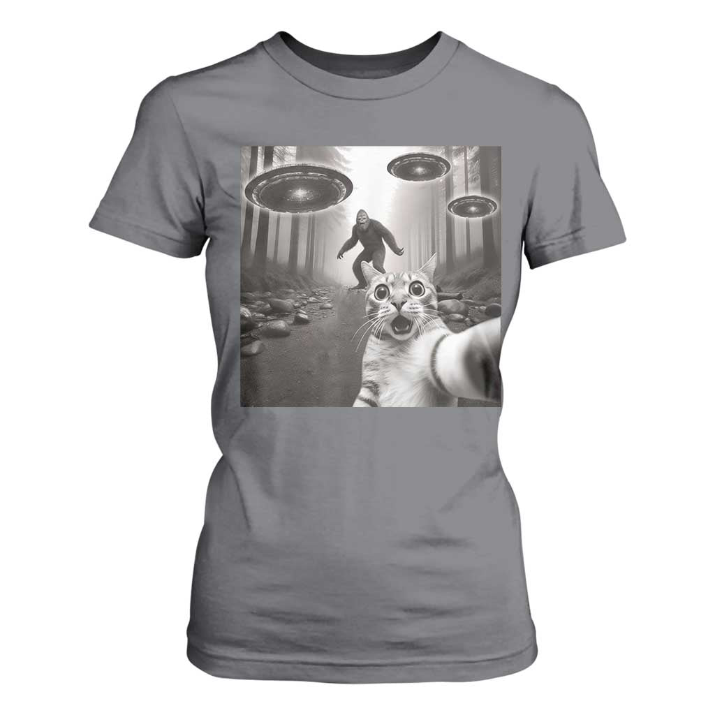 Cat Selfie With Bigfoot UFO T Shirt For Women Funny Cat Lover Gifts TS10 Charcoal Print Your Wear