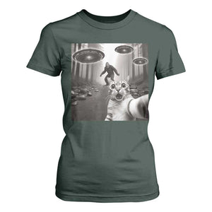 Cat Selfie With Bigfoot UFO T Shirt For Women Funny Cat Lover Gifts TS10 Dark Forest Green Print Your Wear