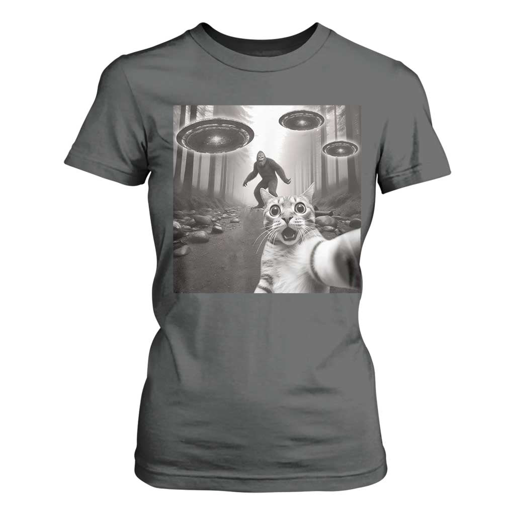Cat Selfie With Bigfoot UFO T Shirt For Women Funny Cat Lover Gifts TS10 Dark Heather Print Your Wear