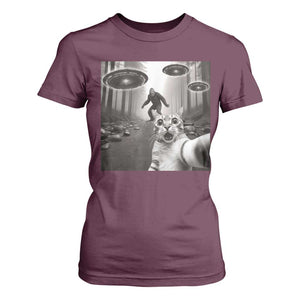 Cat Selfie With Bigfoot UFO T Shirt For Women Funny Cat Lover Gifts TS10 Maroon Print Your Wear