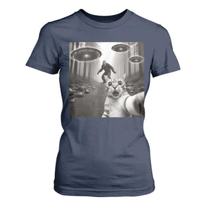 Cat Selfie With Bigfoot UFO T Shirt For Women Funny Cat Lover Gifts TS10 Navy Print Your Wear