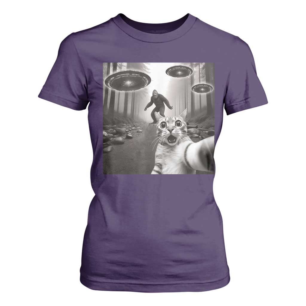 Cat Selfie With Bigfoot UFO T Shirt For Women Funny Cat Lover Gifts TS10 Purple Print Your Wear