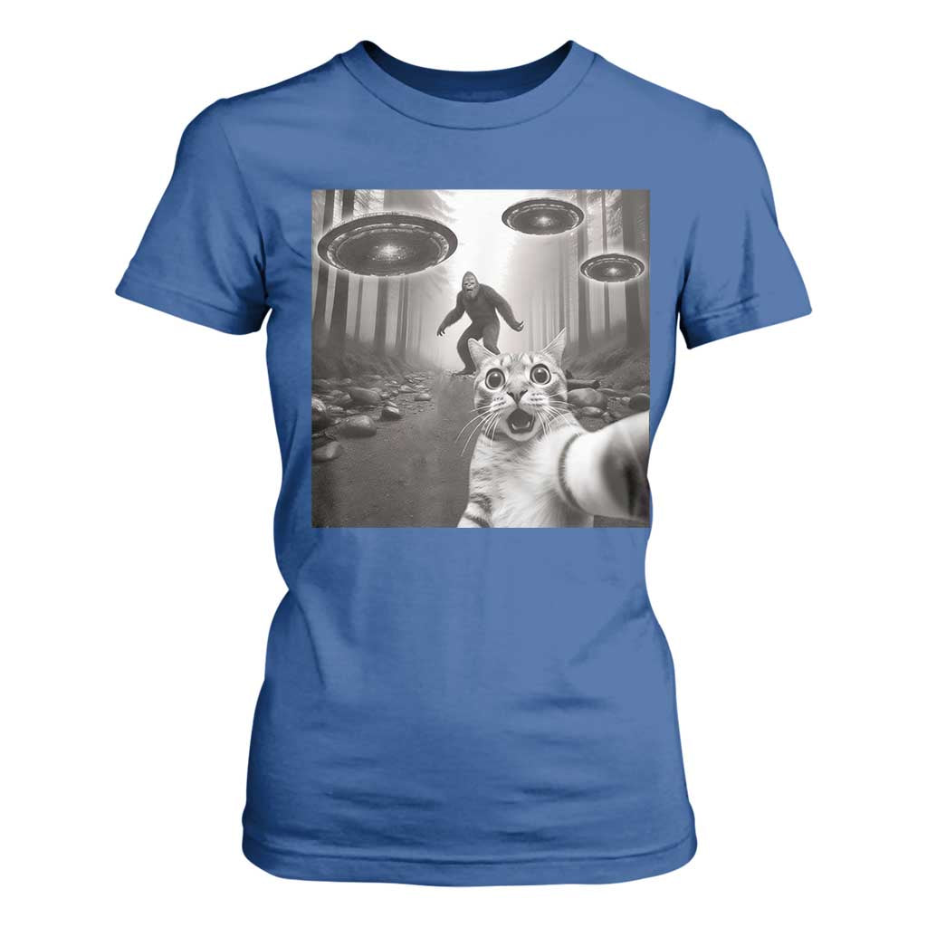 Cat Selfie With Bigfoot UFO T Shirt For Women Funny Cat Lover Gifts TS10 Royal Blue Print Your Wear