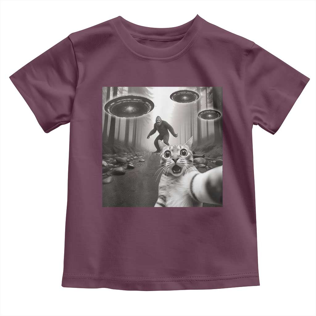 Cat Selfie With Bigfoot UFO Toddler T Shirt Funny Cat Lover Gifts TS10 Maroon Print Your Wear