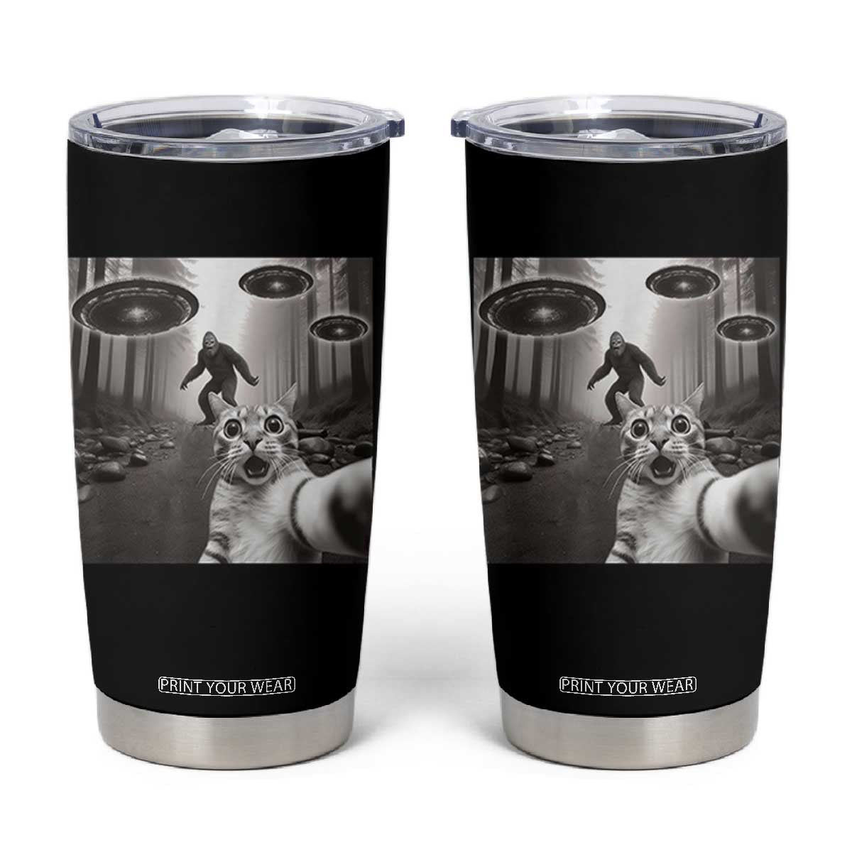 Cat Selfie With Bigfoot UFO Tumbler Cup Funny Cat Lover Gifts TS10 Black Print Your Wear